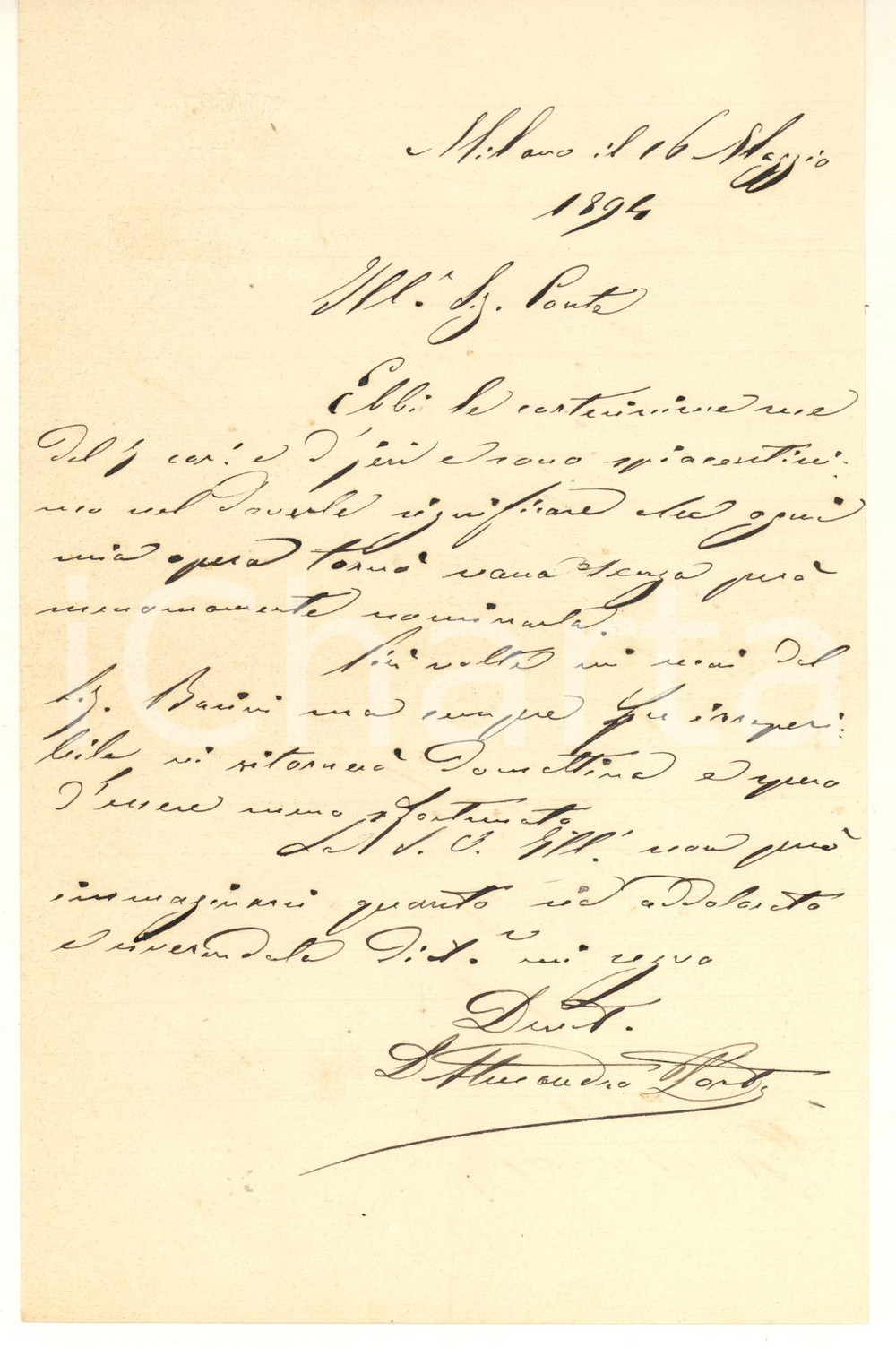 Manoscritto, lettera originale 1894 MILANO Lettera notaio Alessandro PORTA addolorato per impresa non riuscita 1