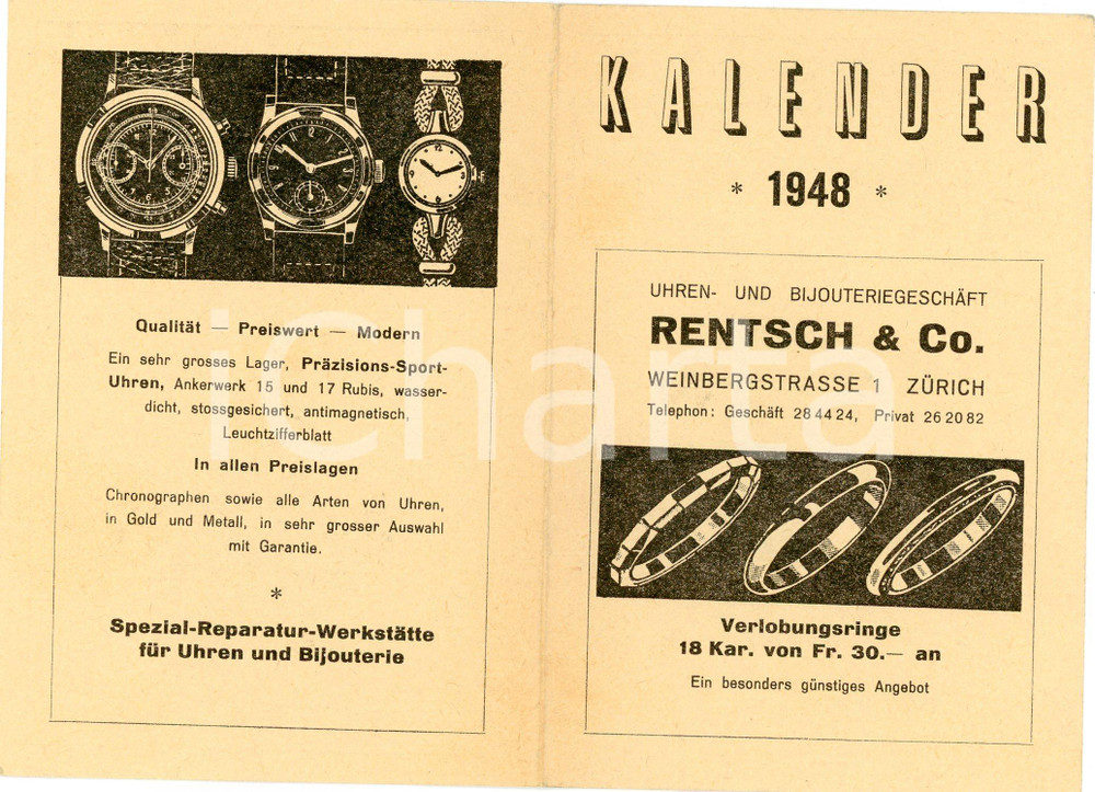 1948 ZURICH Uhren un bijouteriegeschaft RENTSCH & CO. Kalender 8x12 cm Calendario pubblicitario d'epoca. CONDIZIONI:FAIR/discreto Bruniture alle pagineFORMATO: 8x12 cm originale e autentica 1