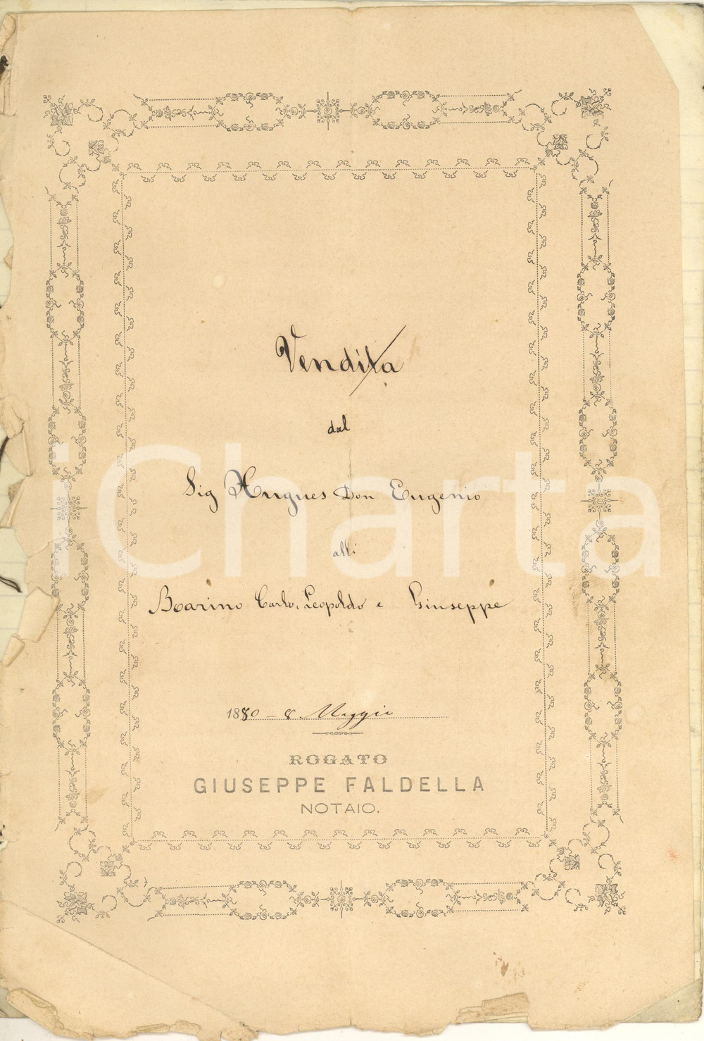 1880 ROSIGNANO MONFERRATO Eugenio HUGUES vende vigna ai fratelli BOARINO Atto manoscritto di vendita, stipulato tra Eugenio Hugues e i fratelli Carlo, Leopoldo e Giuseppe Boarino, relativo a una vigna.Rogato dal notaio Giuseppe Faldella.Presente la prima facciata della copertina in carta.PAGINE: 8  CONDIZIONI:POOR/danneggiato piegature evidenti; mancante l'ultima pagina della copertina in cartaFORMATO: 21x31 cm originale e autentica 1