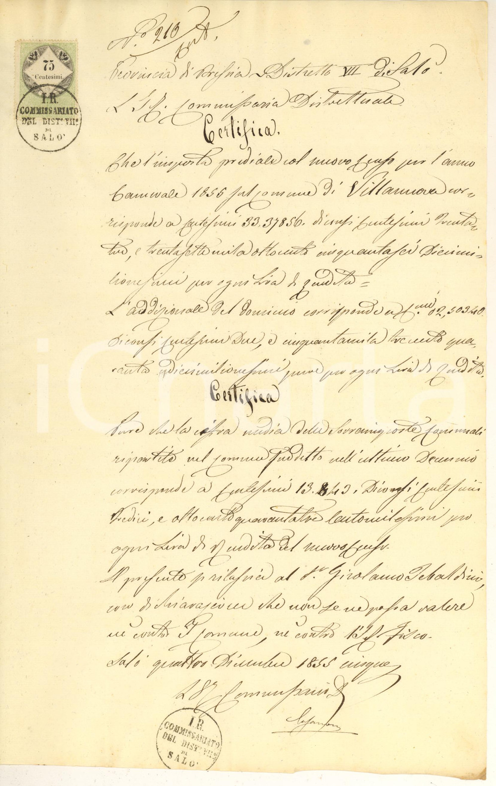 Documento originale, autentico 1855 VILLANUOVA SUL CLISI Assenza carichi  Terra LA RAVATTA famiglia RAVASIO 1