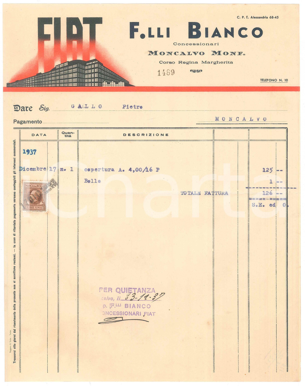 Documento originale, autentico 1937 MONCALVO MONFERRATO AT F.lli BIANCO Concessionari FIAT  Fattura 1