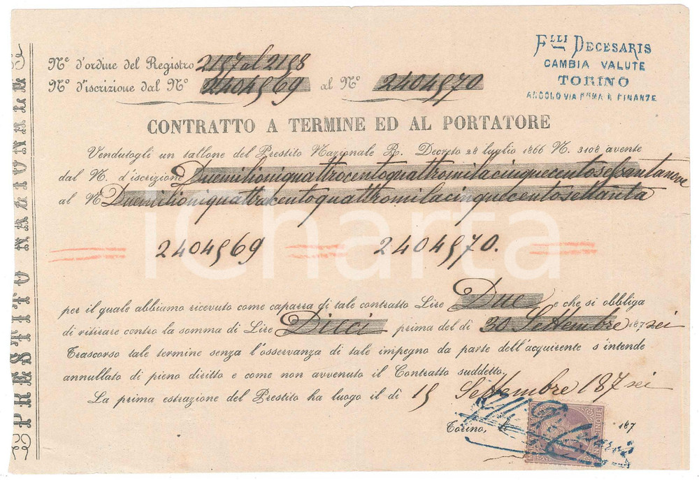 Oggetto da collezione cartaceo 1876 PRESTITO NAZIONALE Contratto a termine ed al portatore  Ricevuta tallone 1 1