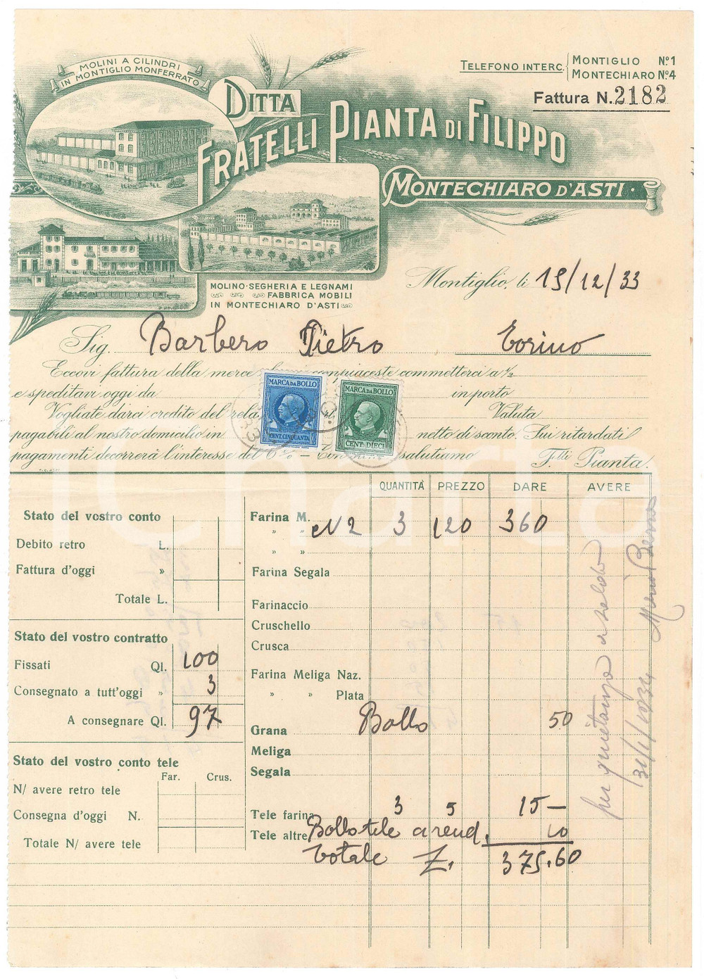 Documento originale, autentico 1933 MONTIGLIO MONERRATO  Ditta FRATELLI PIANTA Molini a cilindri  Fattura 1
