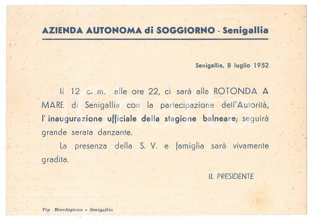 Materiale pubblicitario d’epoca 1952 SENIGALLIA Rotonda a Mare  Inaugurazione stagione balneare Invito 1