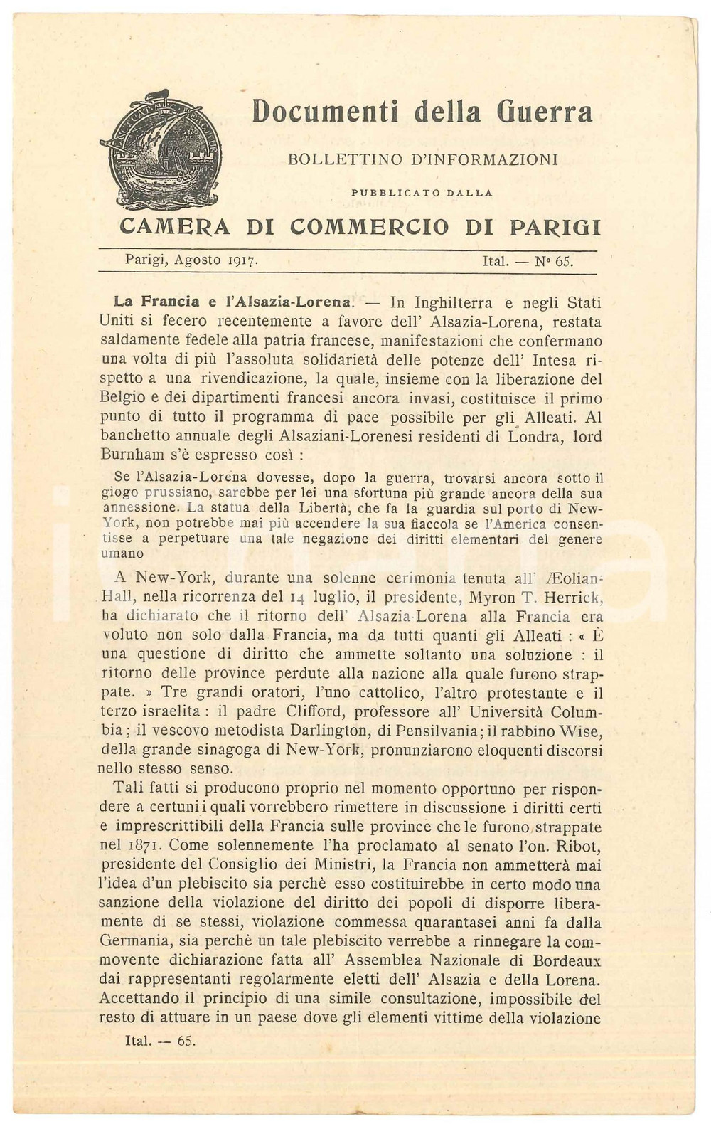Libro, pubblicazione d epoca 1917 WW1 Documenti della guerra  Camera di commercio di PARIGI Bollettino n°65 1