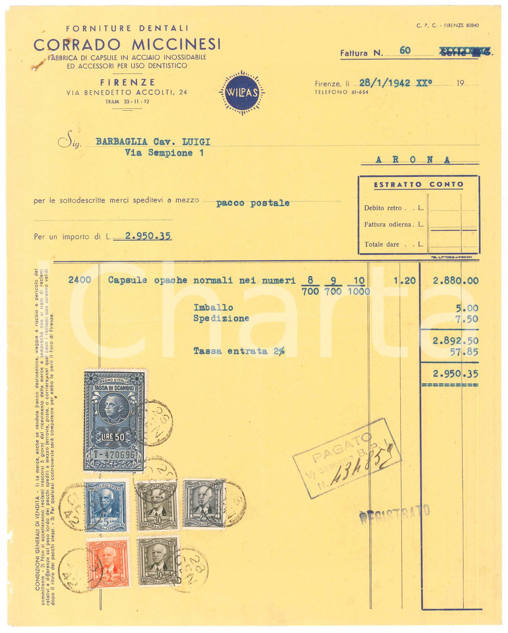 Documento originale, autentico 1942 FIRENZE Via Accolti 24  Corrado MICCINESI Forniture dentali  Fattura 1