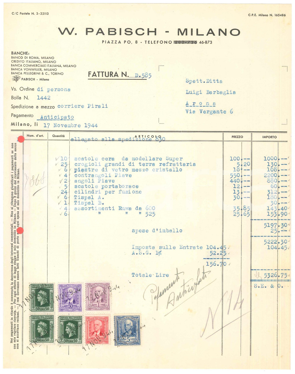 Documento originale, autentico 1944 MILANO Piazza Po 8  Ditta W. PABISCH  Fattura chalumeau 1