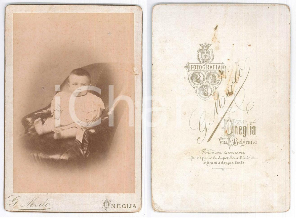 Fotografia d epoca originale 1890 ca ONEGLIA Bambino in poltrona  Foto G. MERLO 11x16 cm 1