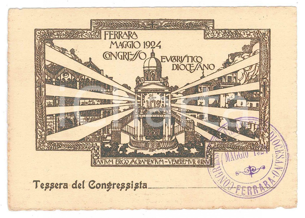 Oggetto da collezione cartaceo 1924 FERRARA Congresso eucaristico diocesano  Tessera del congressista 12x8 cm 1