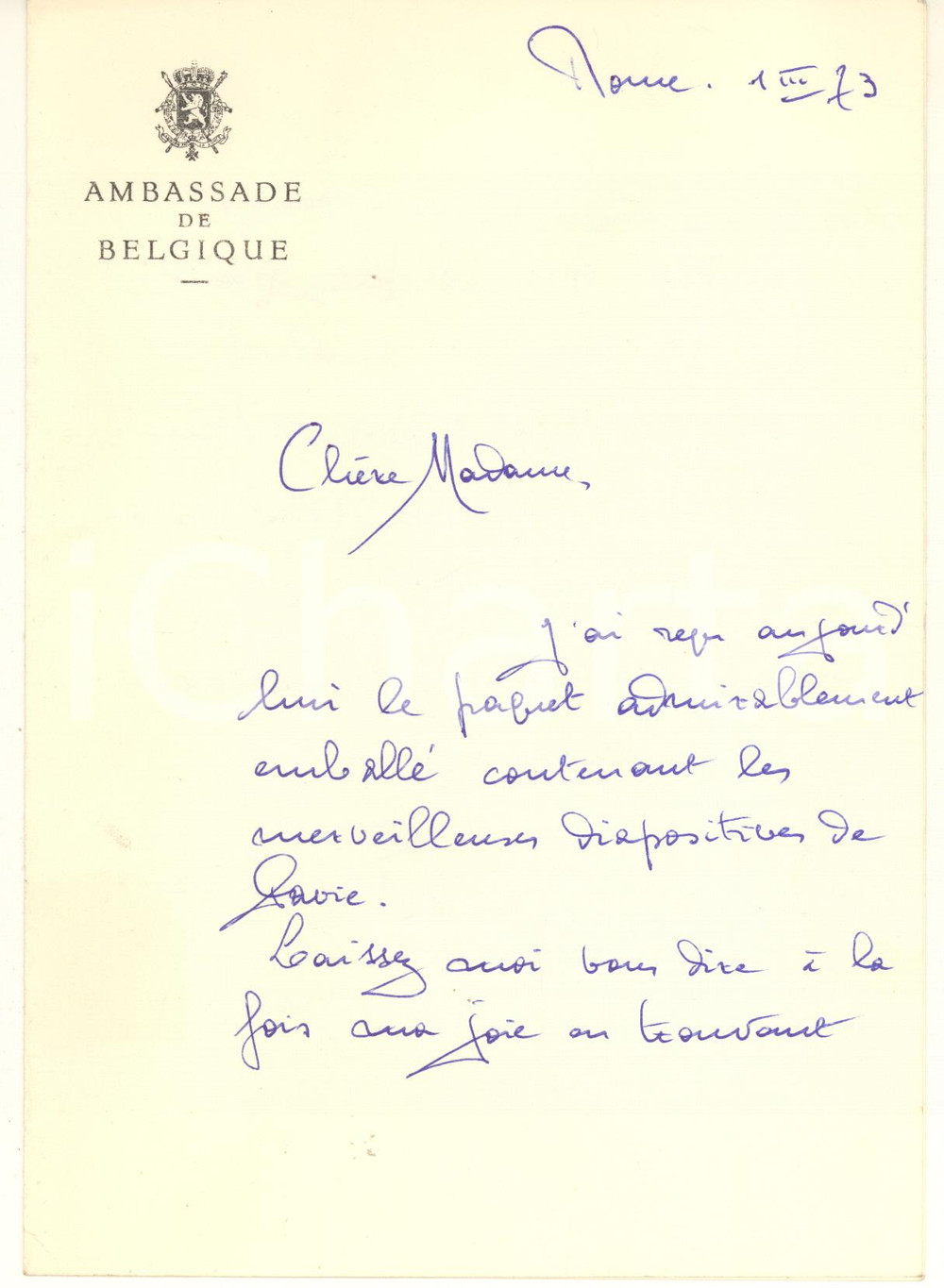 Autografo originale 1973 ROMA Ambassade de Belgique  Lettre FrançoisXavier VAN DER STRATEN WAILLET 1