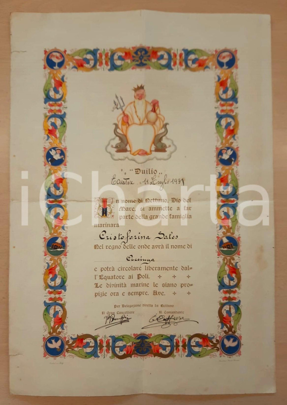 Documento originale, autentico 1931 Nave da crociera SS DUILIO  Attestato navigazione  Cristoforina SALES 1