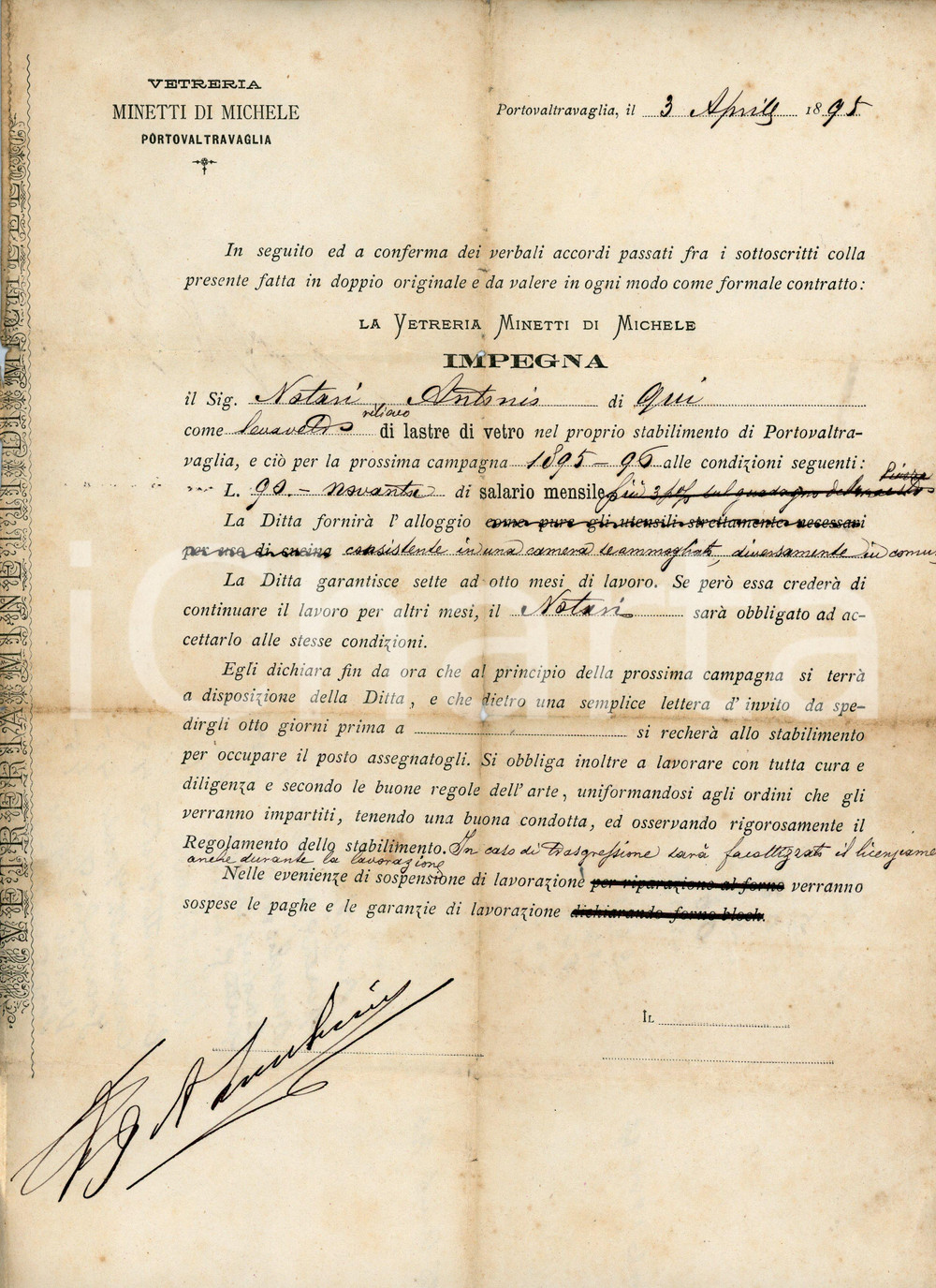 1895 PORTO VALTRAVAGLIA Vetreria MINETTI assume Antonio NOTARI come lavavetri Documento d'epoca.Appunti manoscritti al recto CONDIZIONI:VERY POOR/gravemente danneggiato Piegature centrali d'epoca, strappi e piegature diffuse ai margini, bruniture, foro centraleFORMATO: 22x33 cm originale e autentica 1