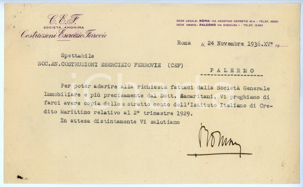 Documento originale, autentico 1936 PALERMO Società CEF Costruzioni Esercizio Ferrovie  Lettera commerciale 1