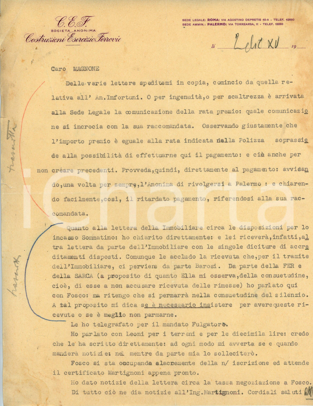 1936 PALERMO Società CEF Costruzioni Esercizio Ferrovie - Lettera commerciale 1 Documento d'epoca. CONDIZIONI:FAIR/discreto Piegature centrali d'epoca,  bruniture e gualciture diffuse, strappo e piega al margine sinistroFORMATO: 22x28  cm originale e autentica 1