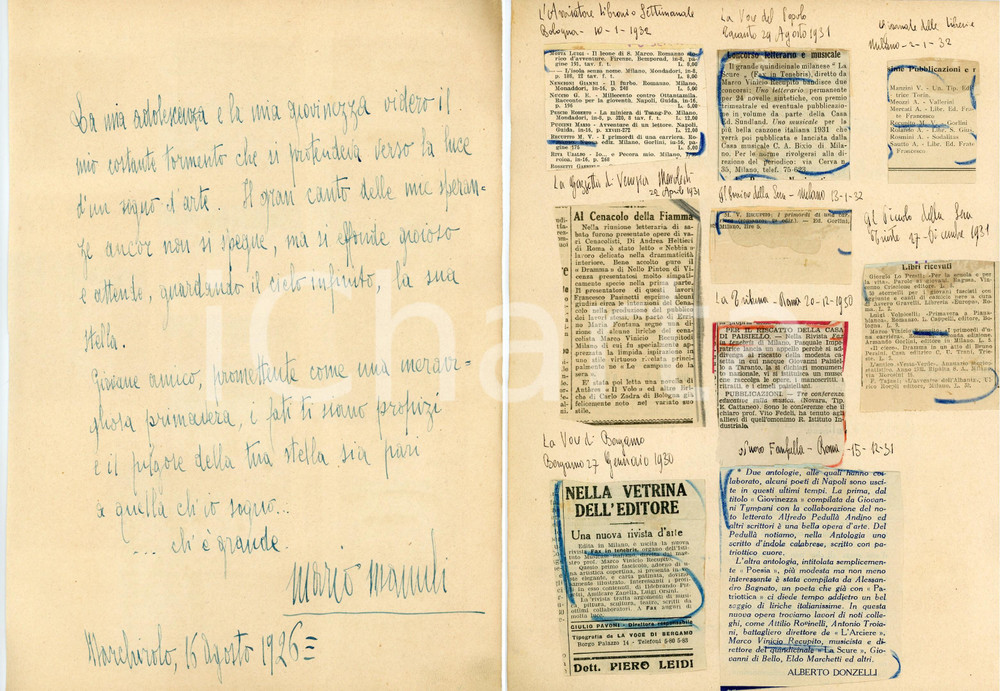 1926 MARCHIROLO - Mario MANULI - Messaggio a un giovane amico *AUTOGRAFO Messaggio autografo, originale, dello scrittore Mario Manuli a un "giovane amico, promettente come una meravigliosa primavera".Sul retro sono stati incollati, successivamente, frammenti di giornali a formare una piccola rassegna stampa.PAGINE: 1 (2 facciate) CONDIZIONI:GOOD/buonoFORMATO: 21x30 cm originale e autentica 1