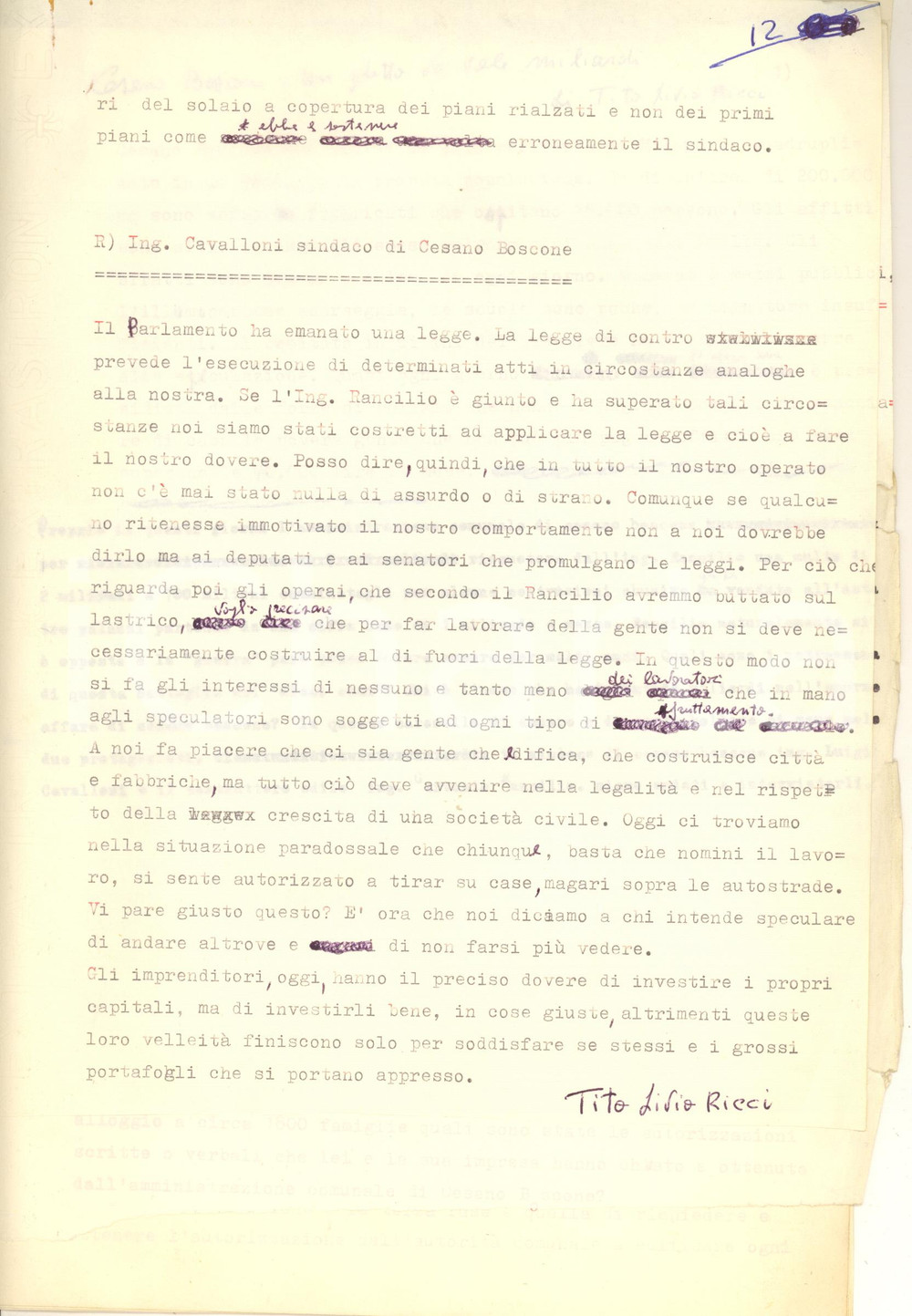 Autografo originale 1970 ca Tito Livio RICCI Cesano Boscone: un ghetto che vale miliardi AUTOGRAFO 1