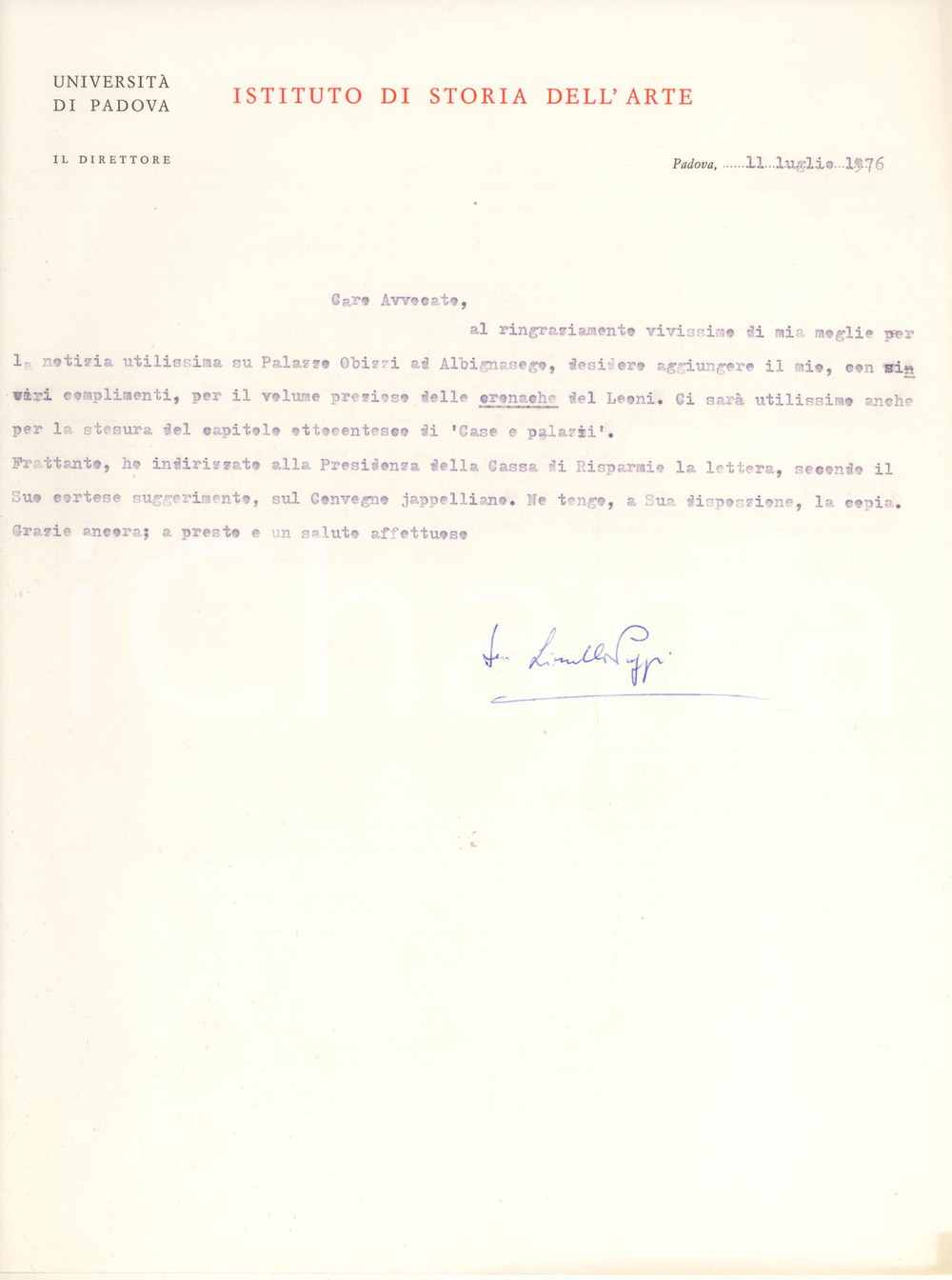 Autografo originale 1976 PADOVA Lionello PUPPI ringrazia per volume ricevuto  AUTOGRAFO 1