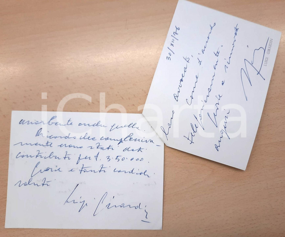 Autografo originale 1976 ROMA Biglietti on. Luigi GIRARDIN per contributi UNCI  Autografo 1