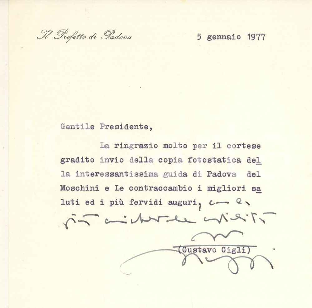 Autografo originale 1977 PADOVA Lettera prefetto Gustavo GIGLI per guida ricevuta  AUTOGRAFO 1