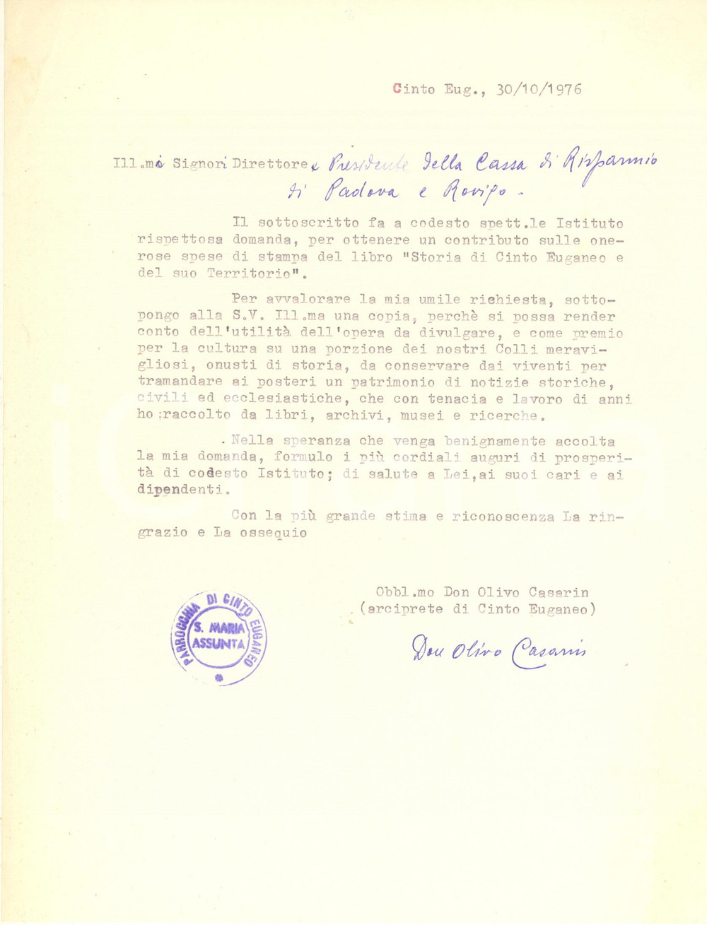 Autografo originale 1976 CINTO EUGANEO Lettera don Olivo CASARIN per contributo libro  AUTOGRAFO 1