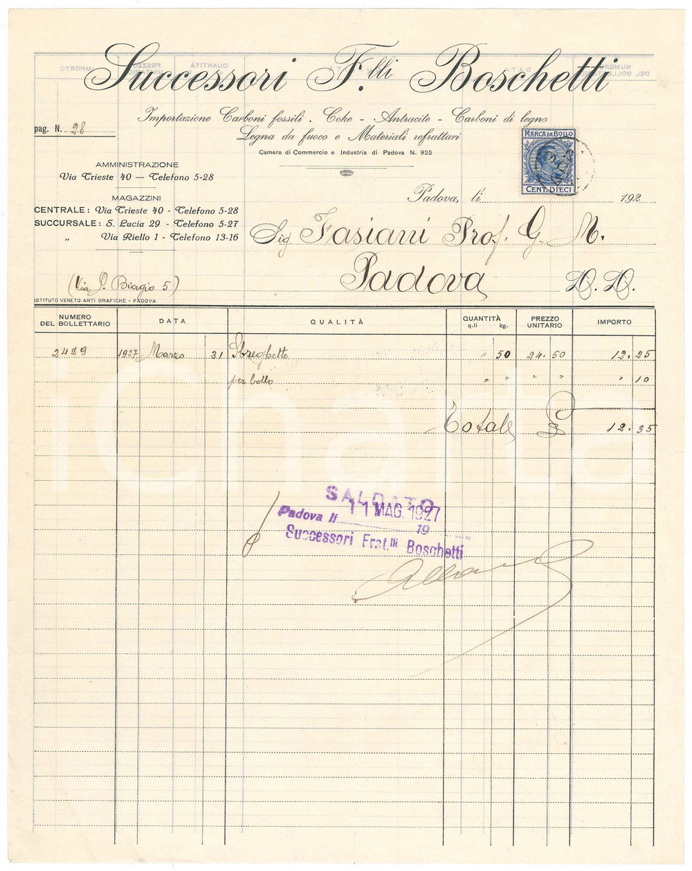 Documento originale, autentico 1927 PADOVA Via Trieste  Successori F.LLI BOSCHETTI Carboni fossili Fattura 1