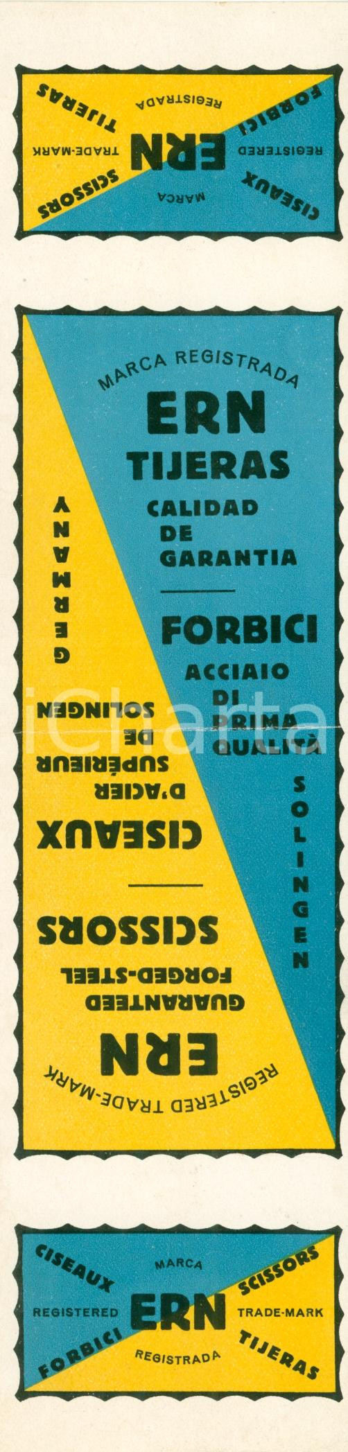 Materiale pubblicitario d’epoca 1955 ca SOLINGEN GERMANY Etichetta Forbici ERN a colori 3 1