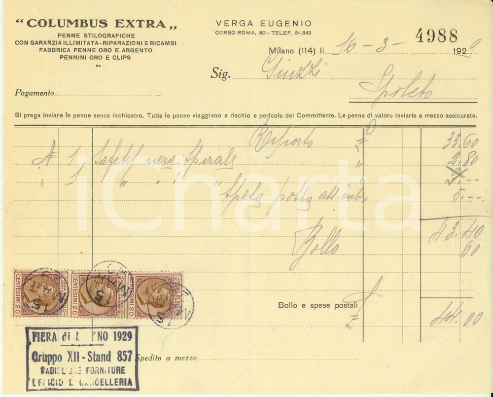 Documento originale, autentico 1929 MILANO Penne stilografiche COLUMBUS EXTRA Eugenio VERGA Fattura 1