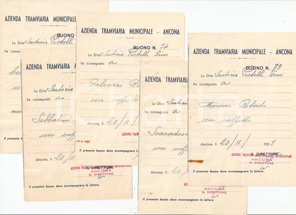 Documento originale, autentico 1953 ANCONA Azienda Tramviaria Municipale Lotto 5 buoni Sartoria Gino PISTELLI 2 1