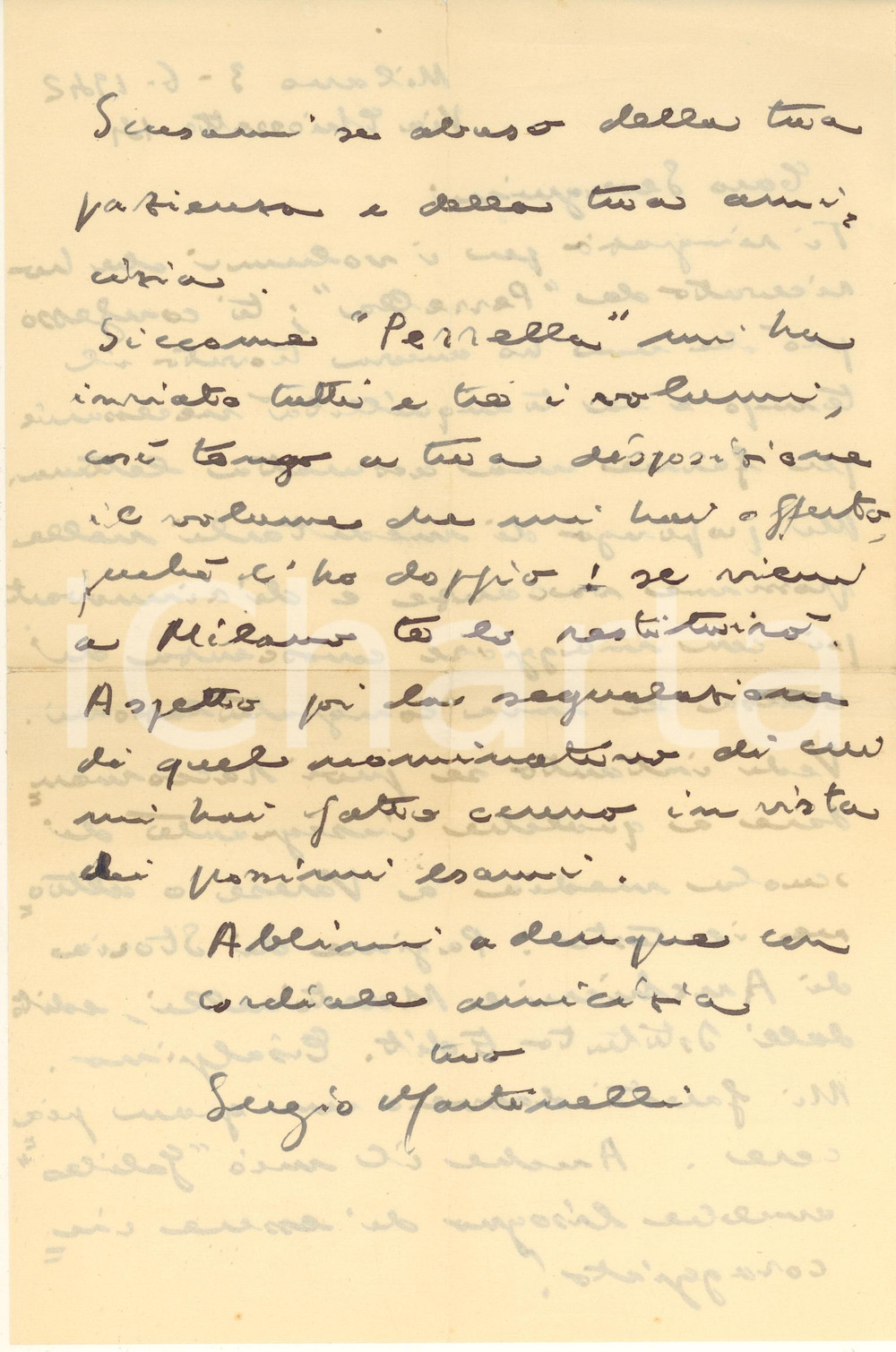 1942 MILANO Sergio MARTINELLI chiede la promozione dei suoi libri *Autografo Lettera interamente autografa dello studioso Sergio Martinelli al critico Dante Severgnini, cui chiede aiuto per la promozione dei suoi libri "Galileo Galilei. Scritti scelti" e il testo per le scuole "Pagine di storia ad uso della scuola media".Busta viaggiata.PAGINE: 1 (2 facciate)  CONDIZIONI:POOR/danneggiato piegature d'epoca; gualciture; minimi strappi marginaliFORMATO: 20x30 cm originale e autentica 1