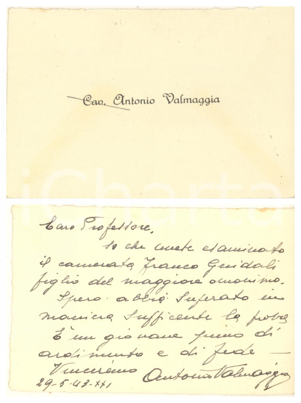 Autografo originale 1943 GEMONIO Cav. Antonio VALMAGGIA imprenditore  Biglietto autografo 1