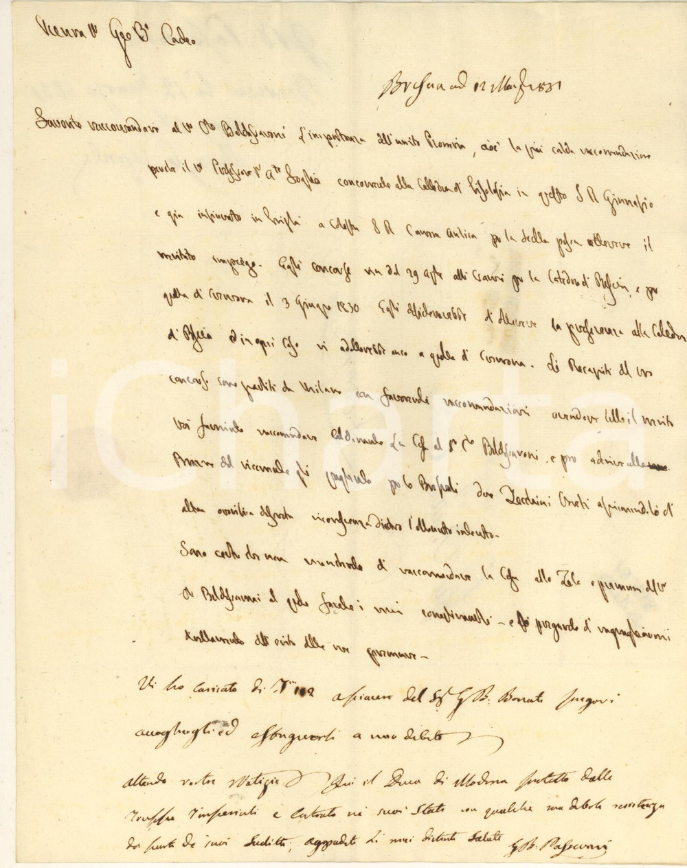 Autografo originale 1831 BRESCIA Raccomandazione Giovanni Battista PASSERINI per cattedra Autografo 1