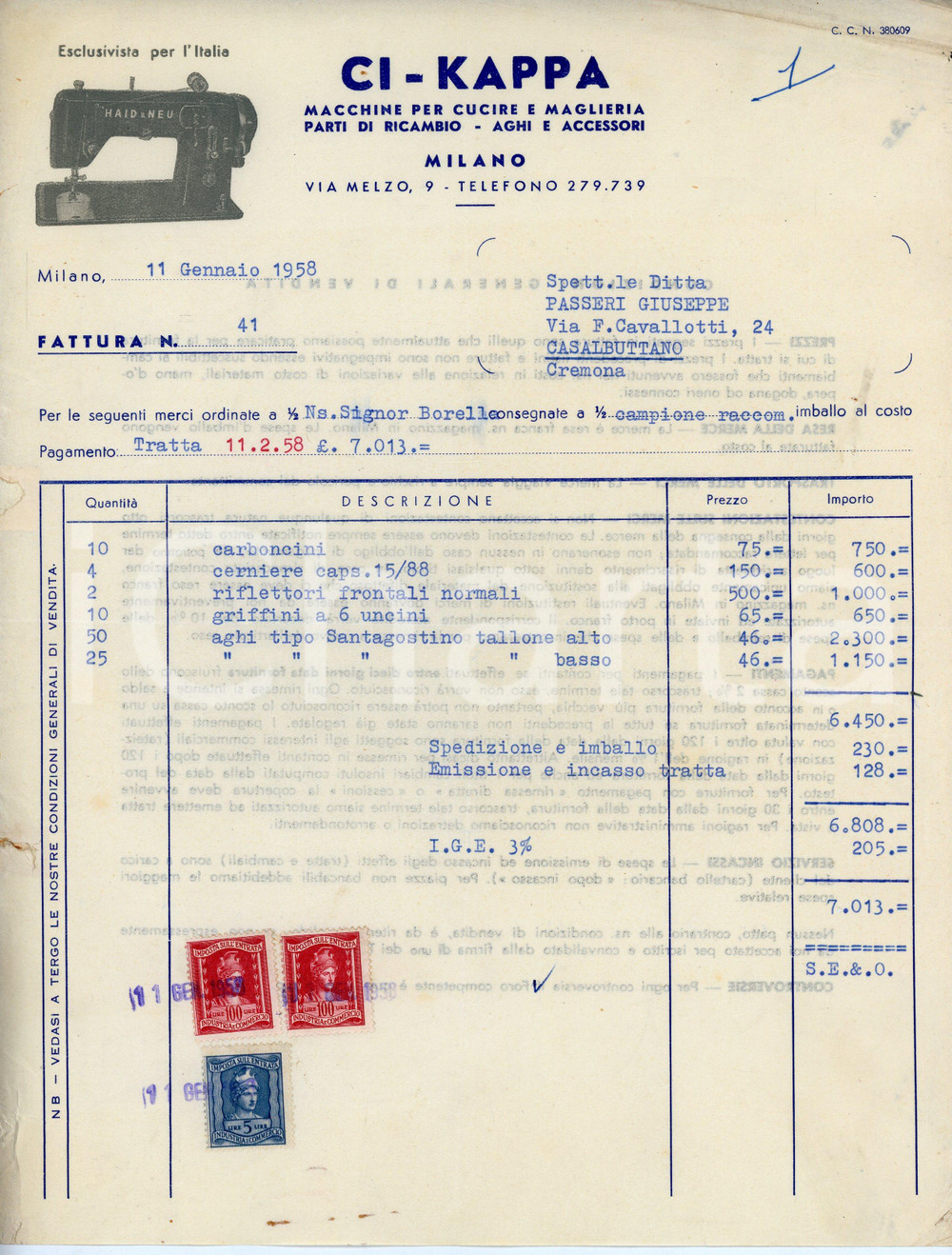 1958 MILANO Macchine per cucire CI-KAPPA Esclusivista HAID UND NEU Fattura Documento d'epoca. CONDIZIONI:FAIR/discreto Piegature centrali d'epoca, gualciture diffuse, strappo e mancanza al margine sinistro riparati, macchie al versoFORMATO: 22x29 cm originale e autentica 1