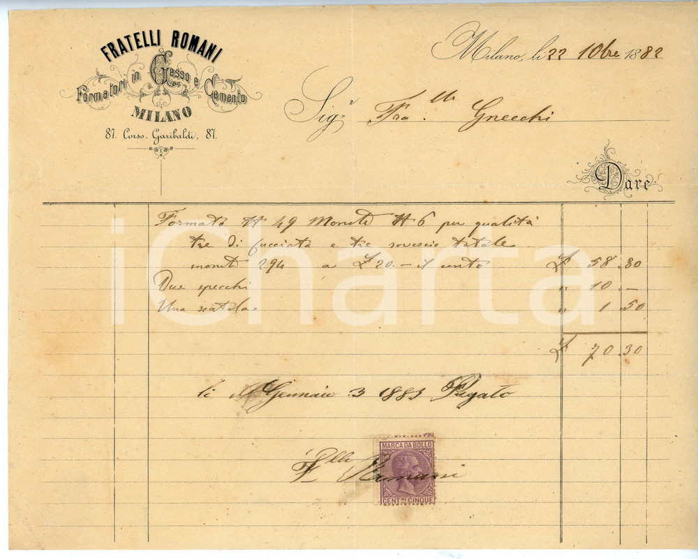 1883 MILANO Fratelli ROMANI Formatori in gesso e cemento - Fattura 24x19 cm Documento d'epoca. CONDIZIONI:FAIR/discreto Piegature centrali d'epoca, bruniture diffuseFORMATO: 24x19 cm originale e autentica 1