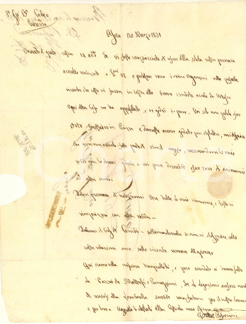 Autografo originale 1831 BRESCIA Giovanni Battista PASSERINI a un agente d affari Autografo 1