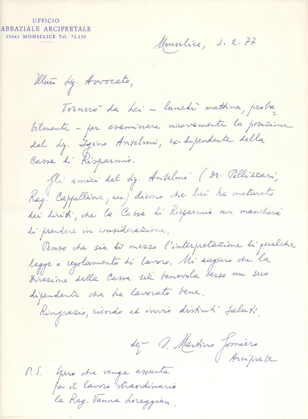 Autografo originale 1977 MONSELICE Lettera mons. Martino GOMIERO vescovo pro impiegato AUTOGRAFO 1