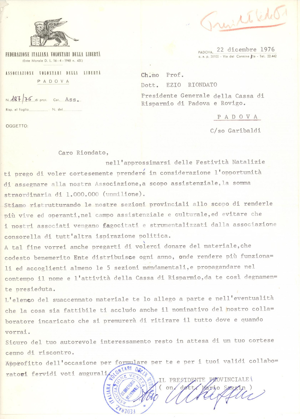 Autografo originale 1976 PADOVA Lettera on. Mario SAGGIN pro Volontari della Libertà AUTOGRAFO 1