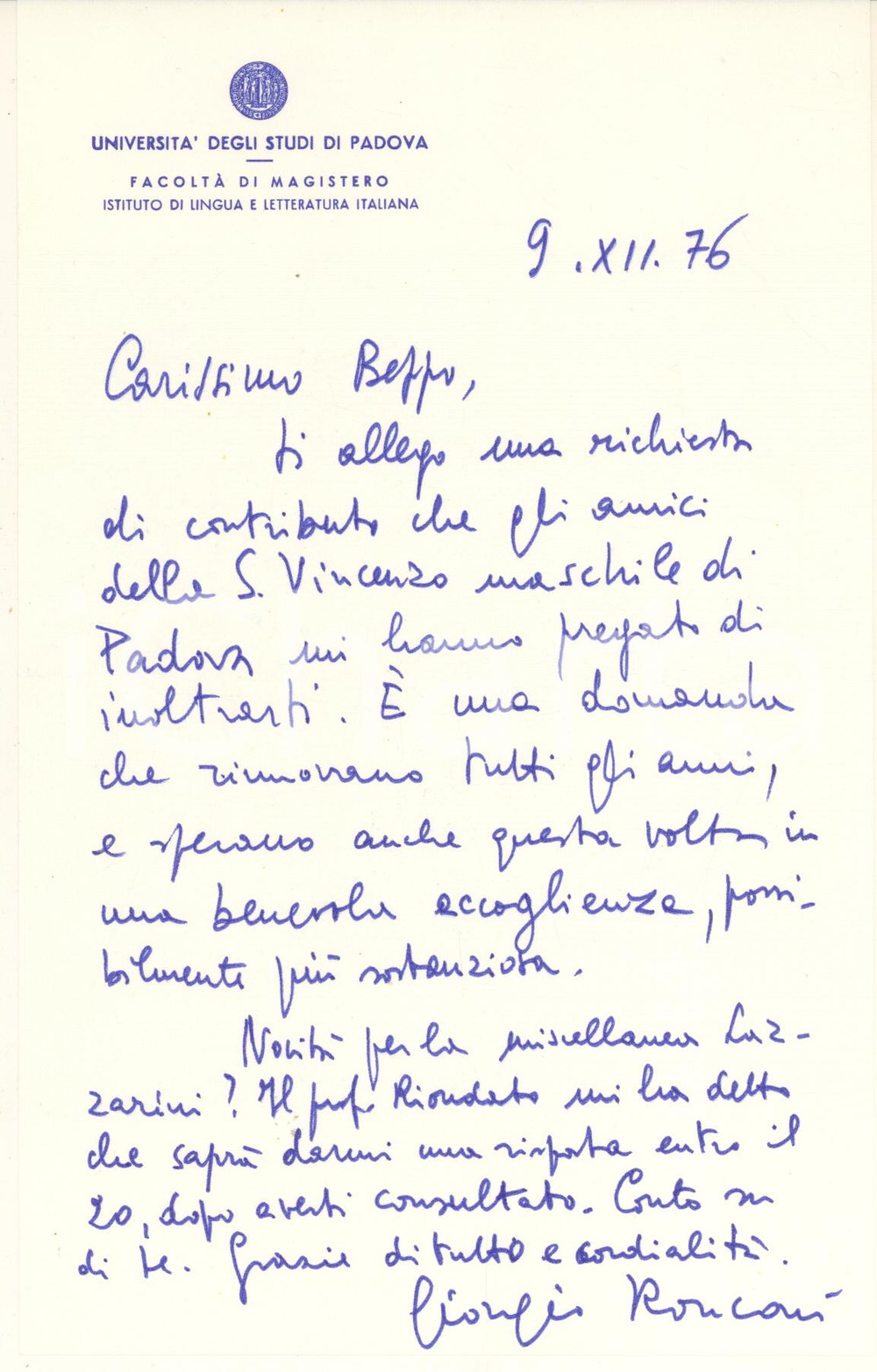 Autografo originale 1976 UNIVERSITA  DI PADOVA Lettera Giorgio RONCONI per contributo Autografo 1