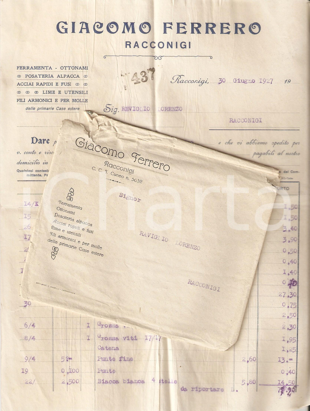 Documento originale, autentico 1927 RACCONIGI CN Giacomo FERRERO Ferramenta Fili armonici e molle FATTURA 1
