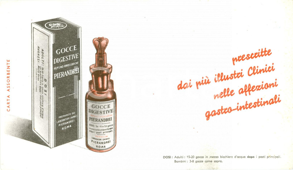 Materiale pubblicitario d’epoca 1950 ROMA Gocce digestive Laboratori PIERANDREI Carta assorbente Farmaceutica 2 1