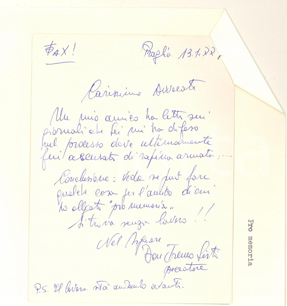 Documento originale, autentico 1977 Abbazia di PRAGLIA Lettera don Ireneo SISTI per un amico Autografo 1