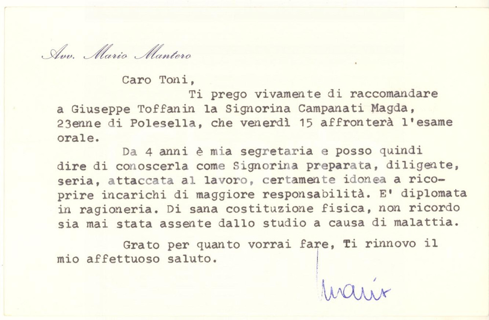 Autografo originale 1975 ca ROVIGO Biglietto avv. Mario MANTERO  Autografo 1