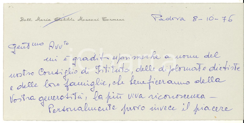 Autografo originale 1976 PADOVA Biglietto Maria Clotilde MOSCONI TORMENE Autografo 1