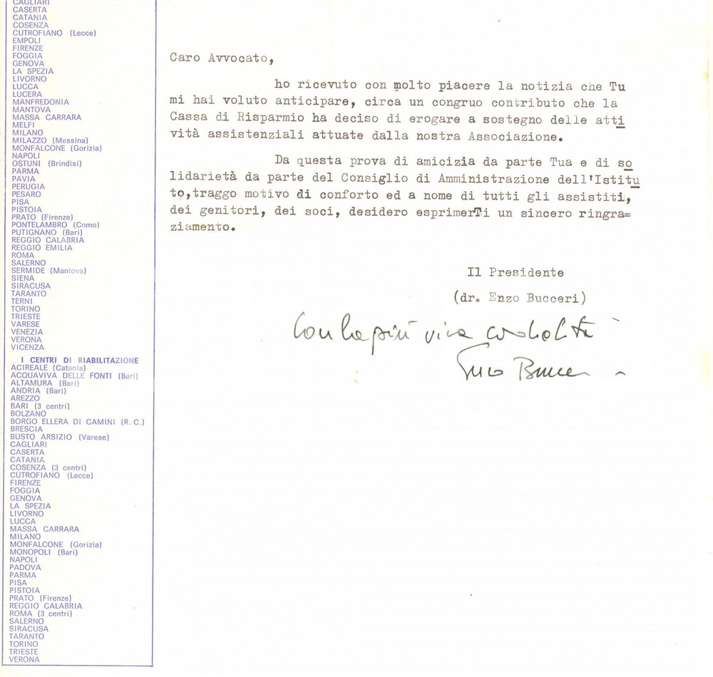 Autografo originale 1977 PADOVA Lettera Enzo BUCCERI  Ringraziamento per contributo Autografo 1