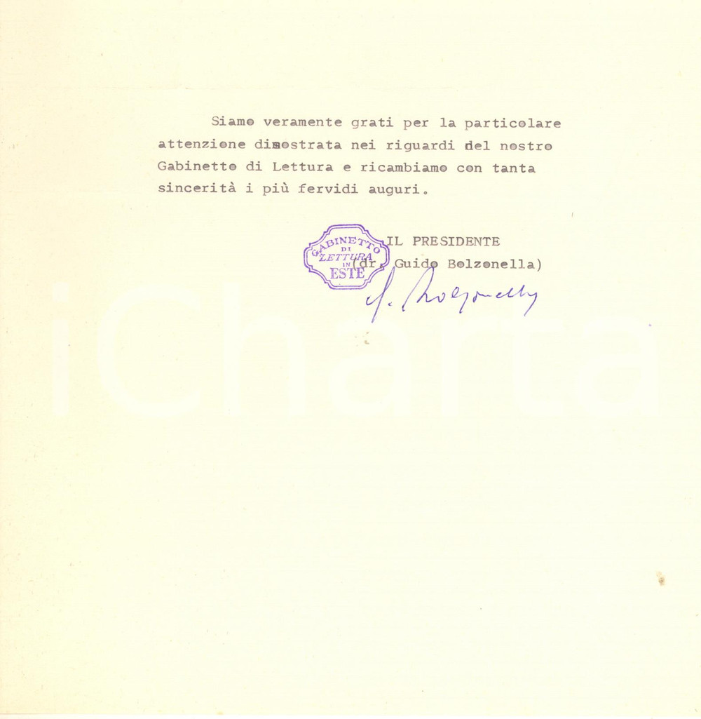 Autografo originale 1977 ESTE Gabinetto di Lettura  Lettera Guido BOLZONELLA presidente Autografo 1