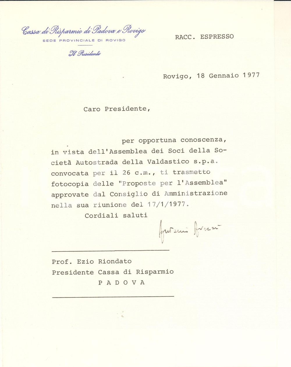 Autografo originale 1977 ROVIGO Antonio AVEZZU  Presidente Cassa di Risparmio  Lettera AUTOGRAFO 1