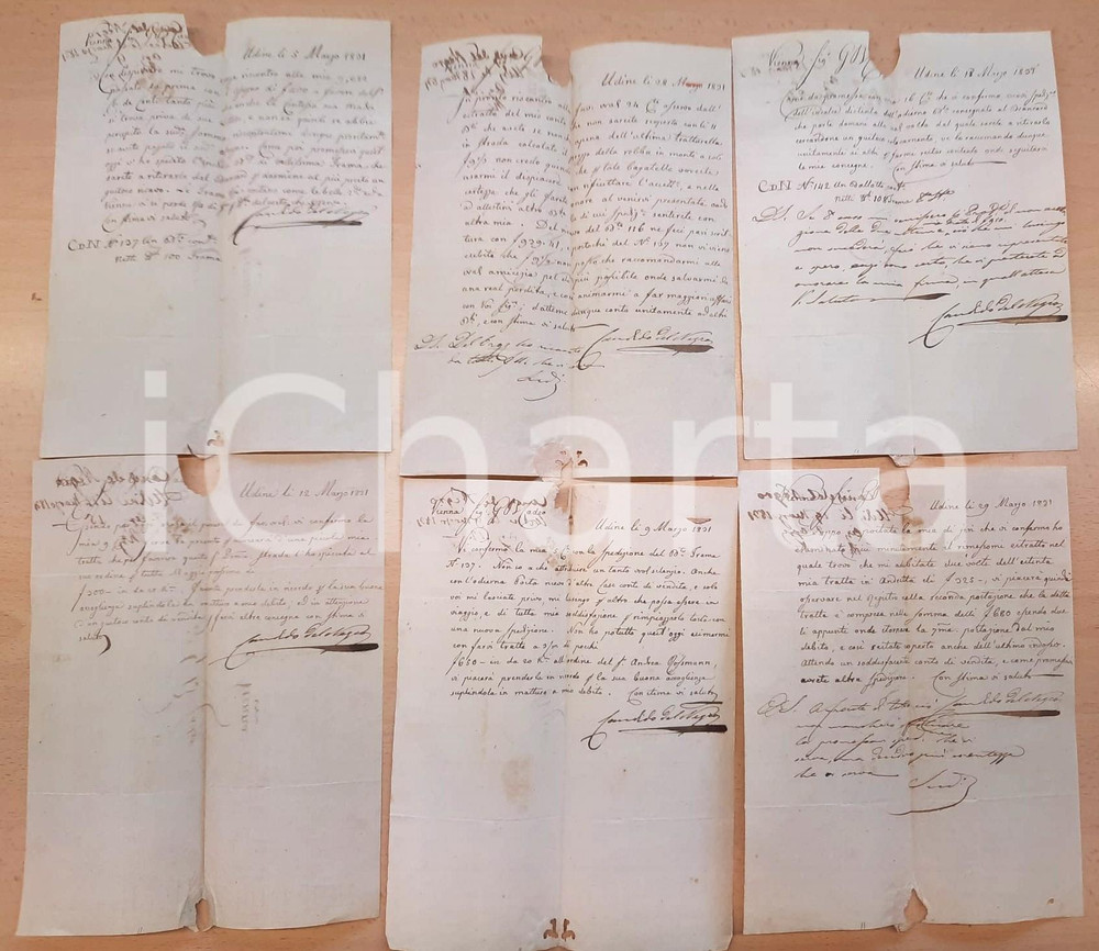 Documento originale, autentico 1831 UDINE Lotto 6 lettere Candido DEL NEGRO imprenditore tessile Autografi 1