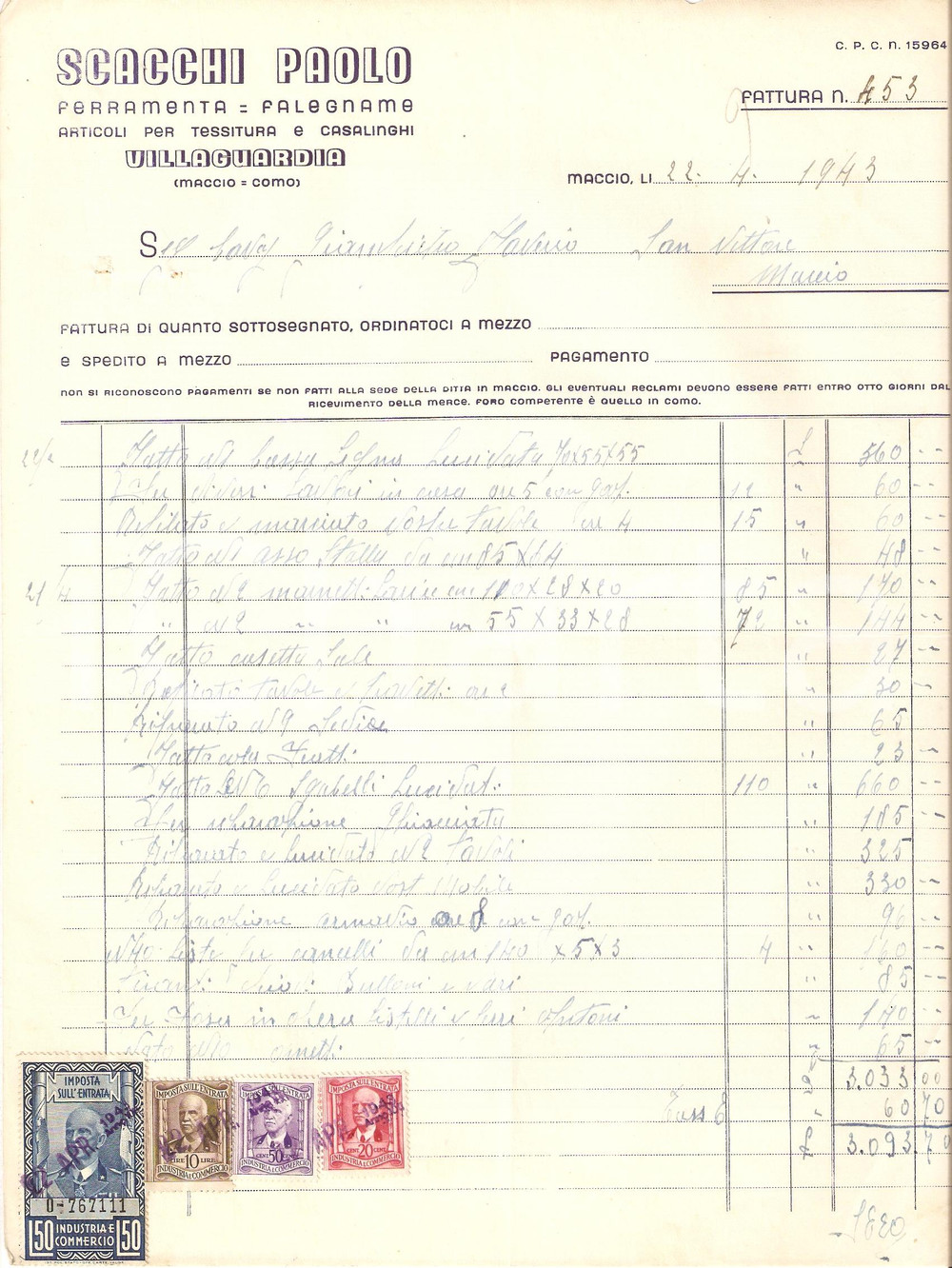 Documento originale, autentico 1943 VILLAGUARDIA Ferramenta Paolo SCACCHI frazione MACCIO Fattura 1