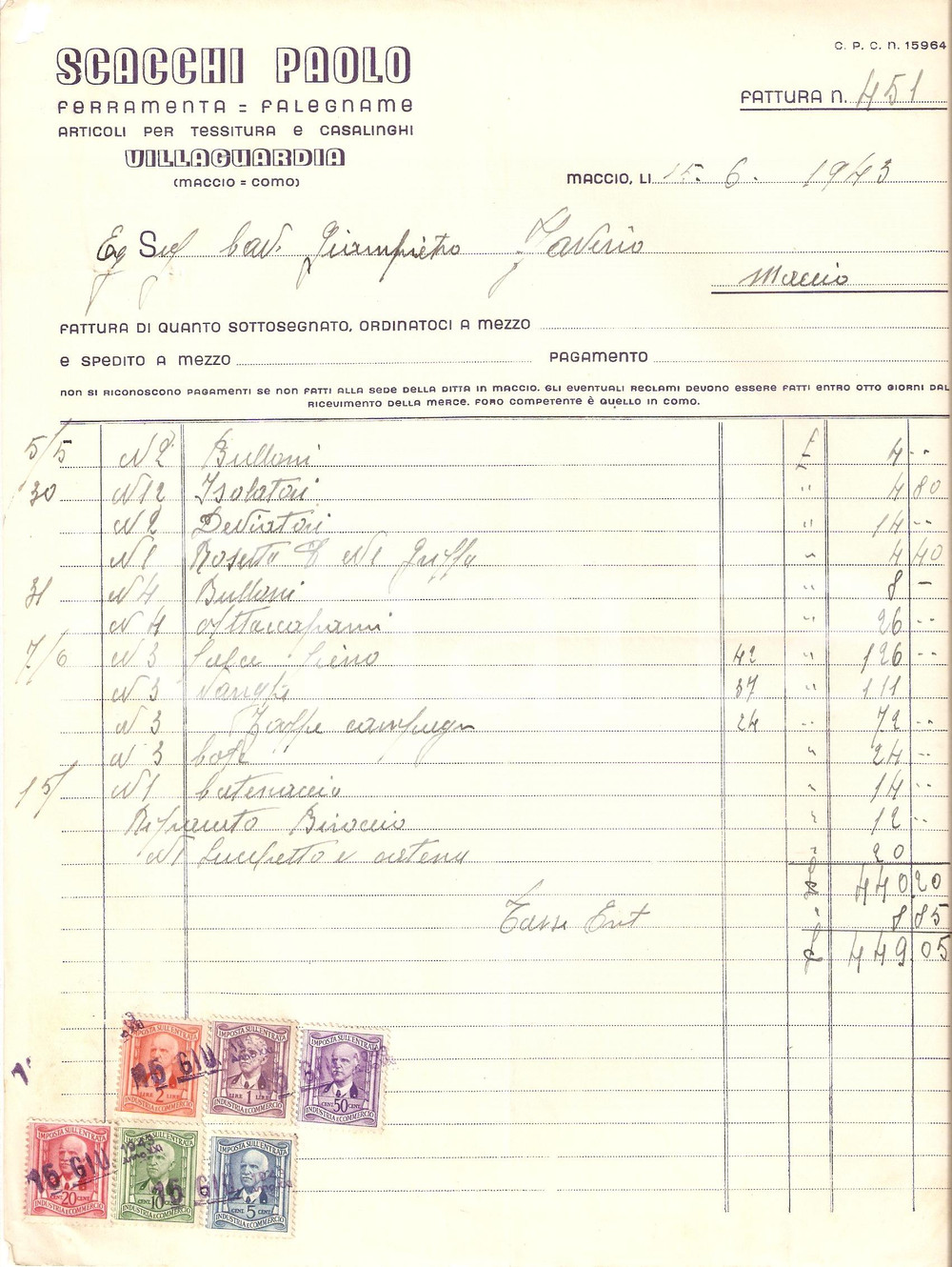 Documento originale, autentico 1943 VILLAGUARDIA CO Ferramenta Paolo SCACCHI frazione MACCIO Fattura 1