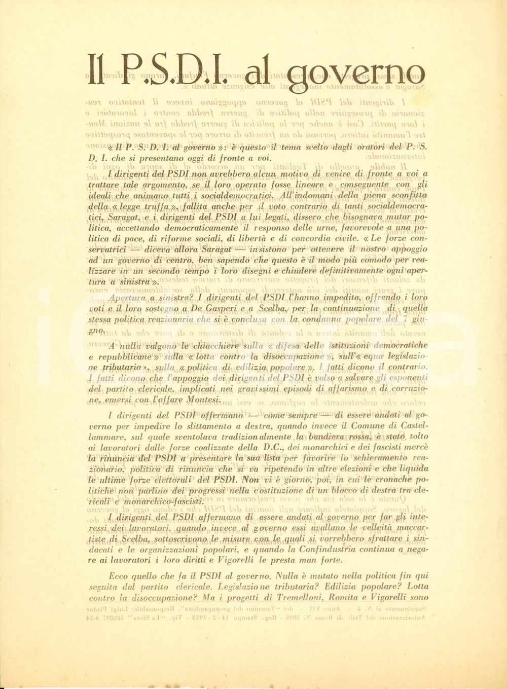 Materiale pubblicitario d’epoca 1953 PCI Propaganda PSDI vuole politica clericale e reazionaria Volantino 1