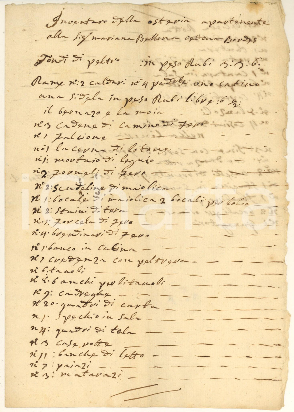 Documento originale, autentico 1800 ca OMEGNA Inventario osteria di Marianna BELLONI vedova BORDES Manoscritto 1